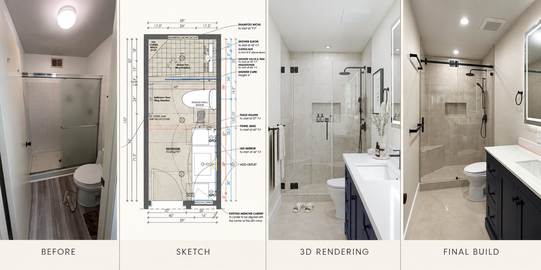 Hall bathroom: before photo, dimensioned floor plan, 3D rendering, and finished build